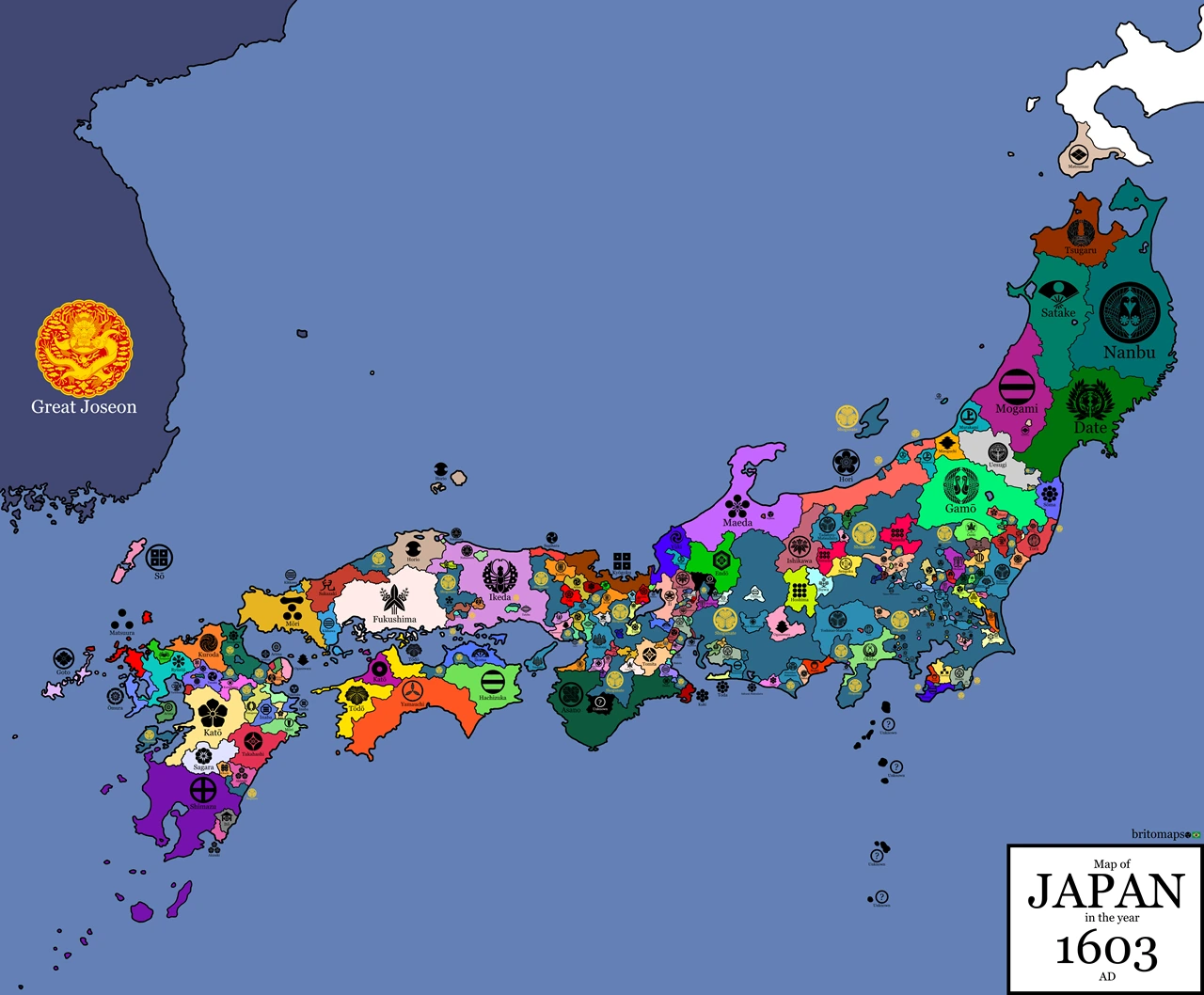خريطة علم العشيرة لليابان في عام 1603 عند فجر Tokugawa Shogunate خريطة علم العشيرة لليابان في عام 1603 عند فجر Tokugawa Shogunate